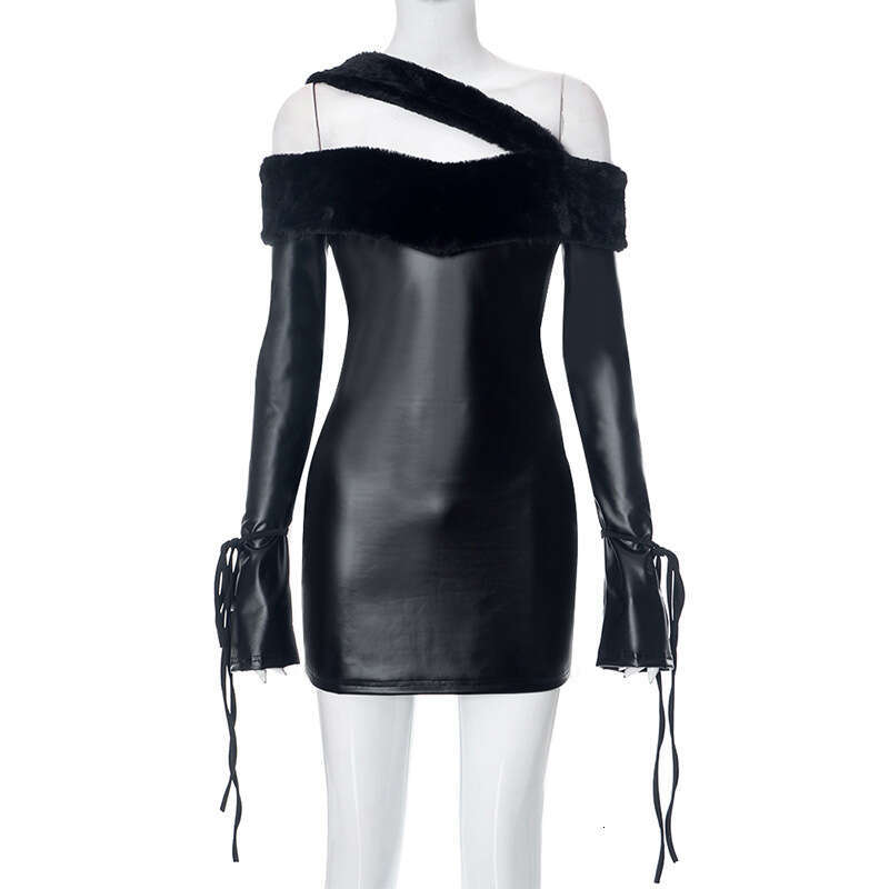 Style New Women's Fashion Frayed Edge Strapless Patchwork PU Leather Bodycon Dress B5