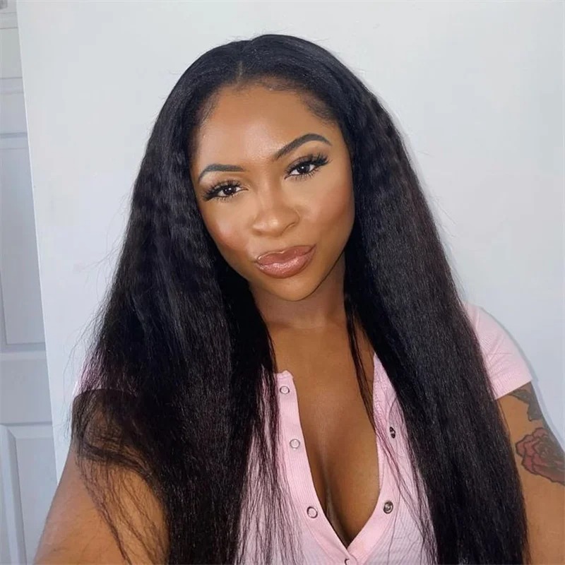 Kinky Straight 360 Full Lace Wigs Yaki Straight Human Hair Wigs Brazilian 13x6 HD Lace Frontal Wig Preplucked 250% High Density Ready To Wear