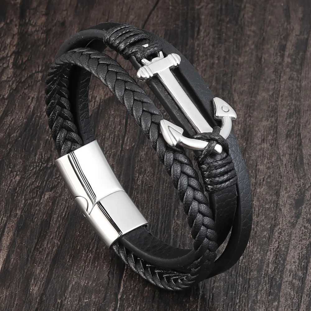 Punk Stainless Steel Anchor Bracelets Genuine Leather Bracelet Bangles for Men Black Color Fashion Jewelry Gift W250709