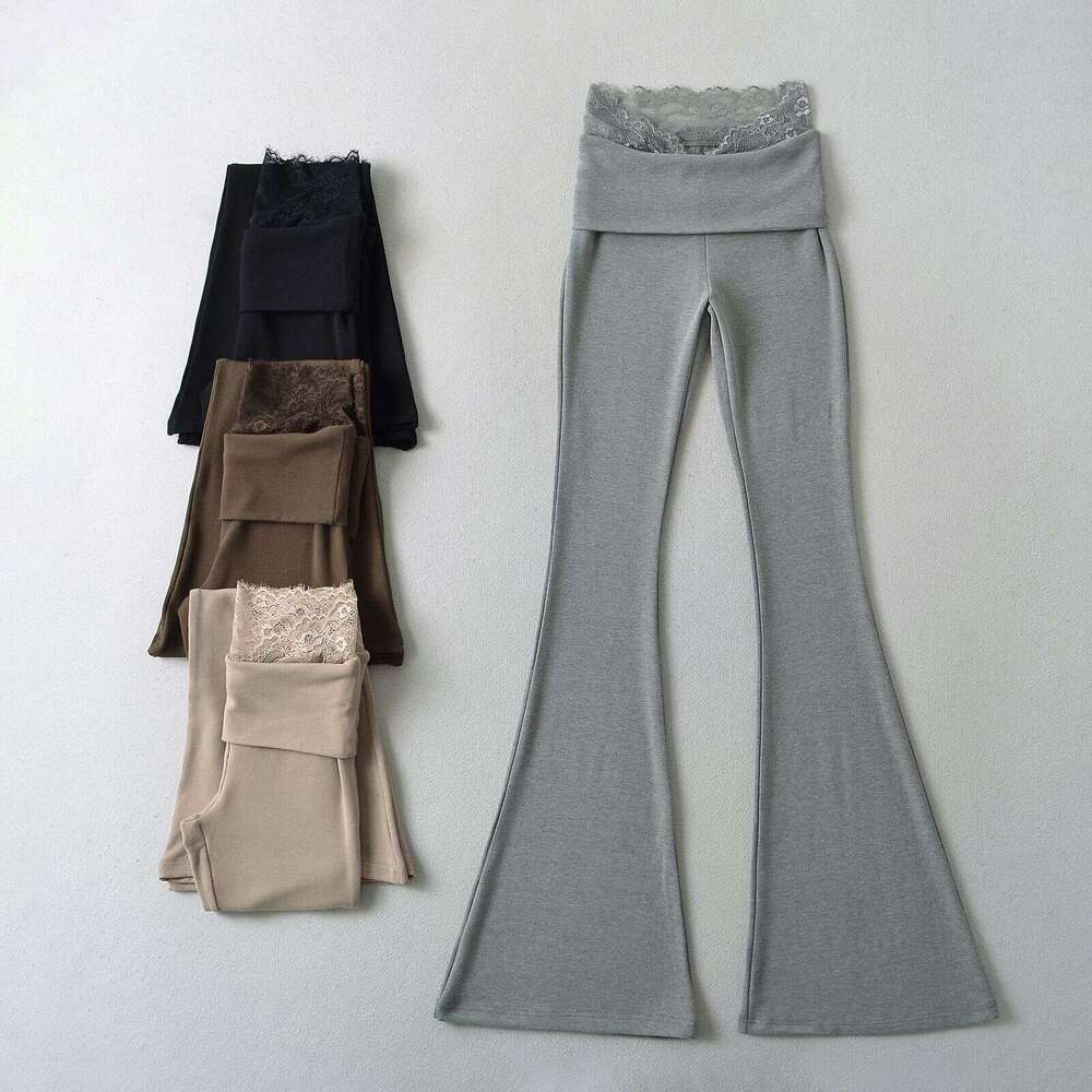 V-Waist Lace Patchwork Slim Fit Bodycon Draped Flared For Women Summer Stretchy Tight High Waist Slimming Casual Long Pants B5