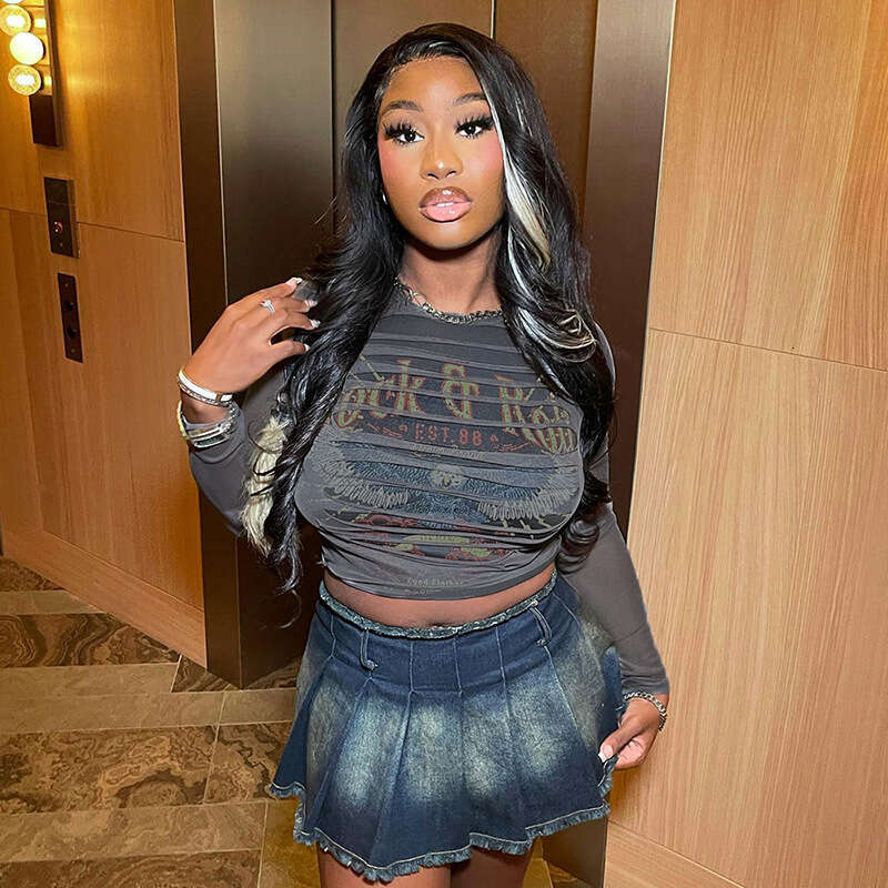 Wind Summer Style Printed Long Sleeve Sexy See-Through Cropped Slim Top B5