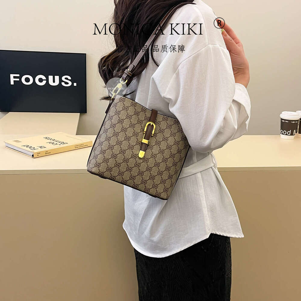 Monica Qiqi Light Gray Monogram Large Capacity Bucket Bag for Women 2025 New Single Shoulder