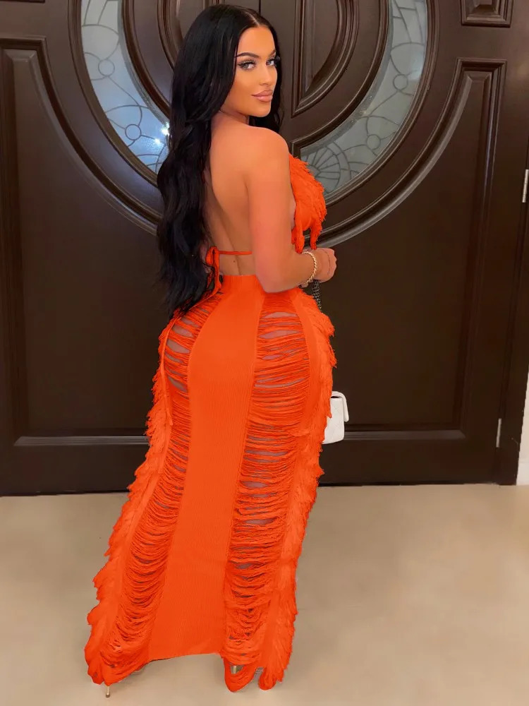 JRRY Sexy Women Knitted Set Halter Backless Crop Top Tassel Skirt Crochet Two Pieces Hollow Out Crocheted Beach Dress Set 250709