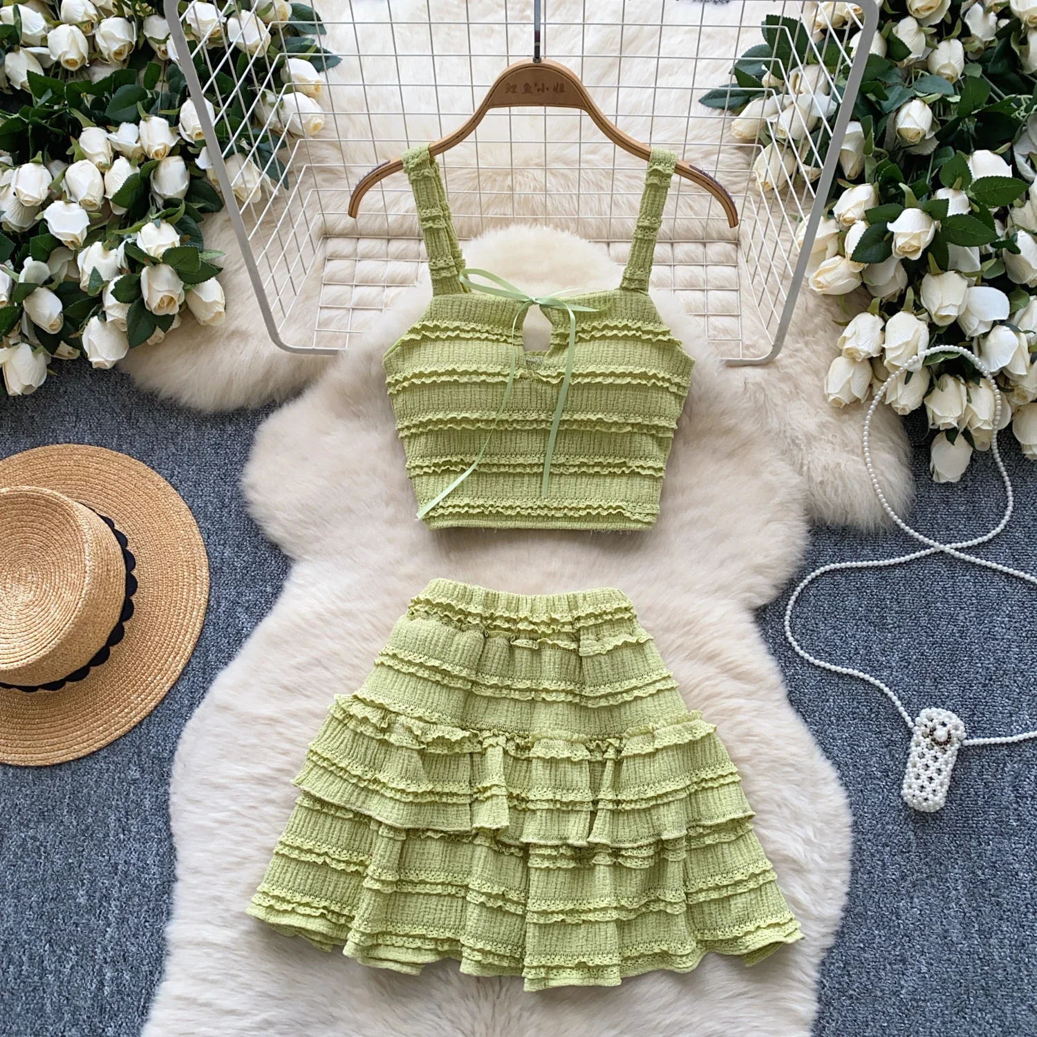 Summer Sweet Ruffles 2pcs Sets Women Square Collar Bow n Strap Crop TopsSolid Ruched Skirt Chic Gentle Suits 250709