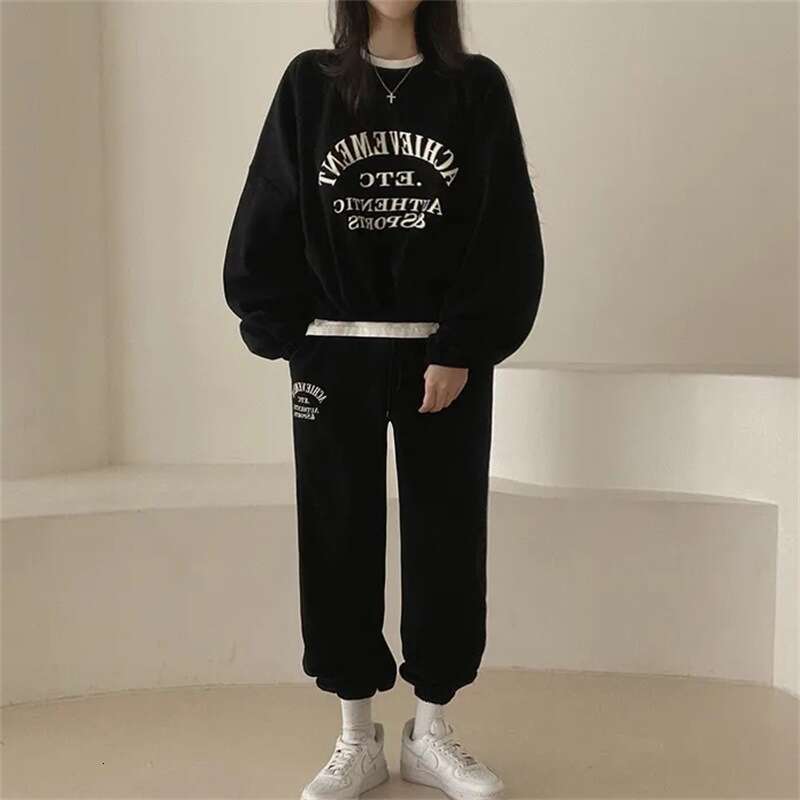 Women's Cotton Sleeve Long Pants Sweet Two-Piece Set New Spring Autumn Winter Fleece Korean Style Casual Sports B5