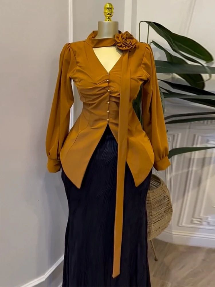 Two Piece Dress Sets Women Outfits 3D Floral V Neck Blouse Maxi Skirt Perfect for Church Weddings or Formal Daytime Events 250709