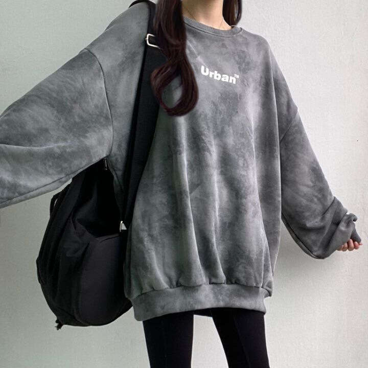 Cotton Tie-Dye Sweatshirt For Women, Loose Korean Style Top, Versatile Student Letter Print, Spring And Autumn Mid-Length Coat B5