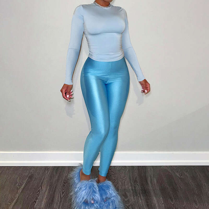 new Autumn Women's Round Neck Sleeve High Waist Slimming Long Pants Casual Set B5