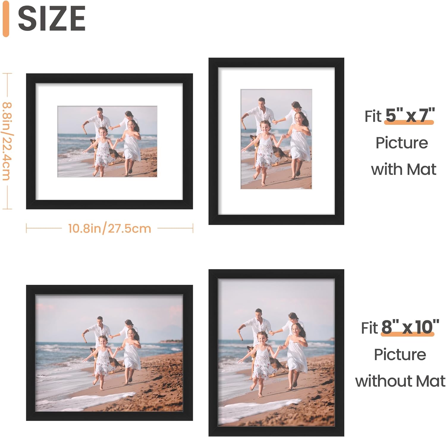 8x10 Picture Frame Set of 5, Display Pictures 5x7 with Mat or 8 x 10 Without, Wall Gallery Photo Frames, White/Black H260306