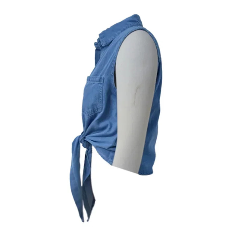 Summer Laceup Hem Single Pocket Splice Shirt Women Lapel Singlebreasted Cardigan Thin Denim Blouse Female Sleeveless Tops 250703