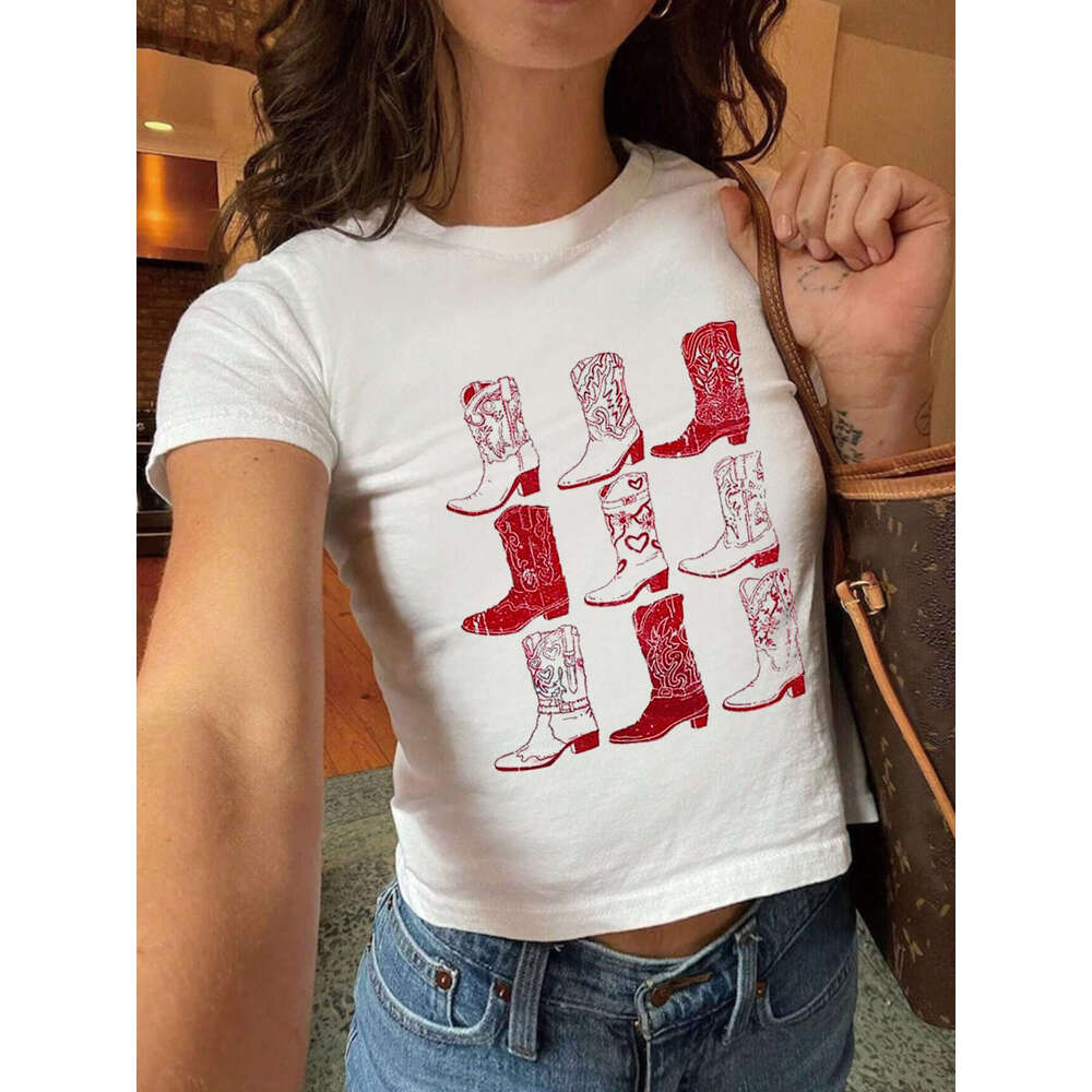 Summer Y2k New Boots Pattern Hot Girl Slim Sexy Black Beauty Style Crop Top Short Sleeve Women's T-Shirt B5