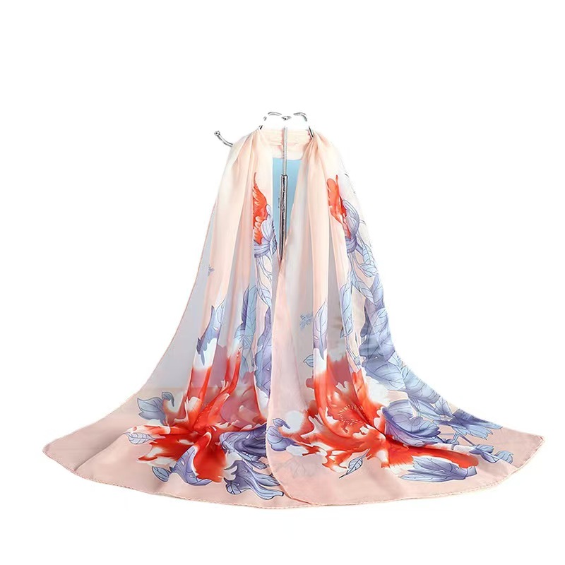 K1293 Autumn Korean style printed curled silk scarf fashionable chiffon scarf long silk scarf versatile ethnic style gauze scarf shawl