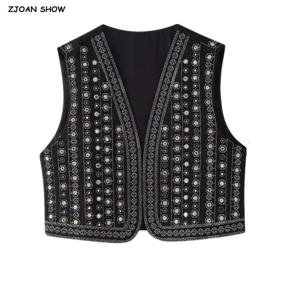 Ethnic Black Embroidery Bling Line Flower Waistcoat Women BOHO Open Sleeveless Vest Jacket Outfits Vacation Loose Tops 250709