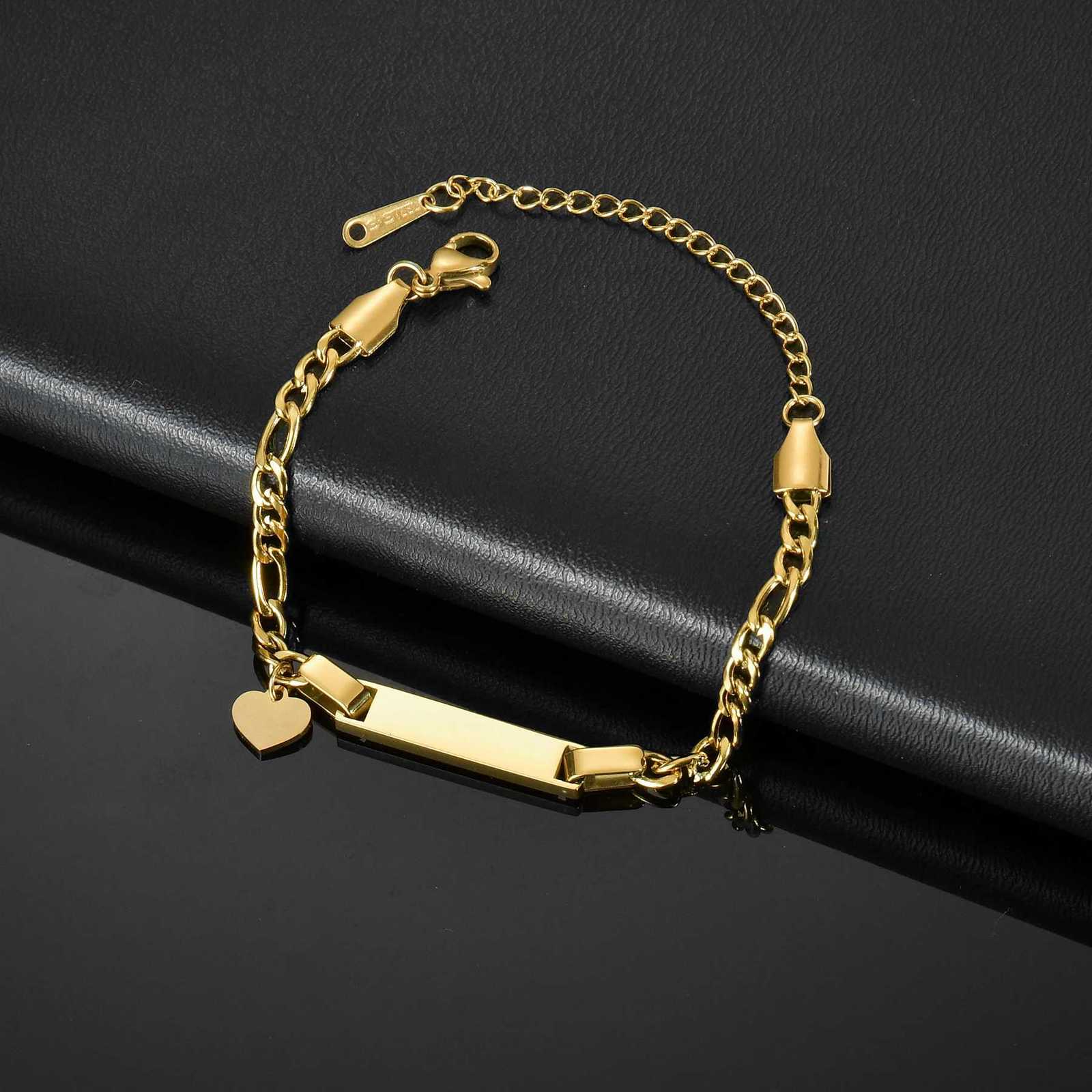 Akizoom Punk Newborn Baby Bracelets Hip Pop Gold Color Stainless Steel Figaro Chain Blank Bar Kids Bracelet Jewelry Birthday Gift W250709