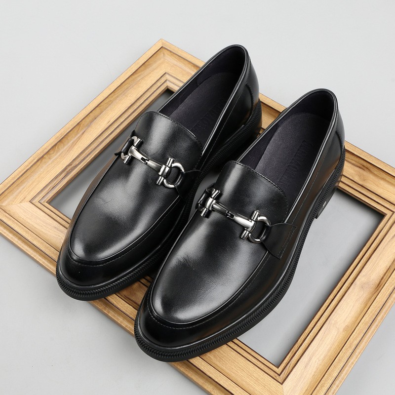 Loafers men's height-enhancing thick sole, leather buckle men's shoes round toe genuine leather soft sole, European style