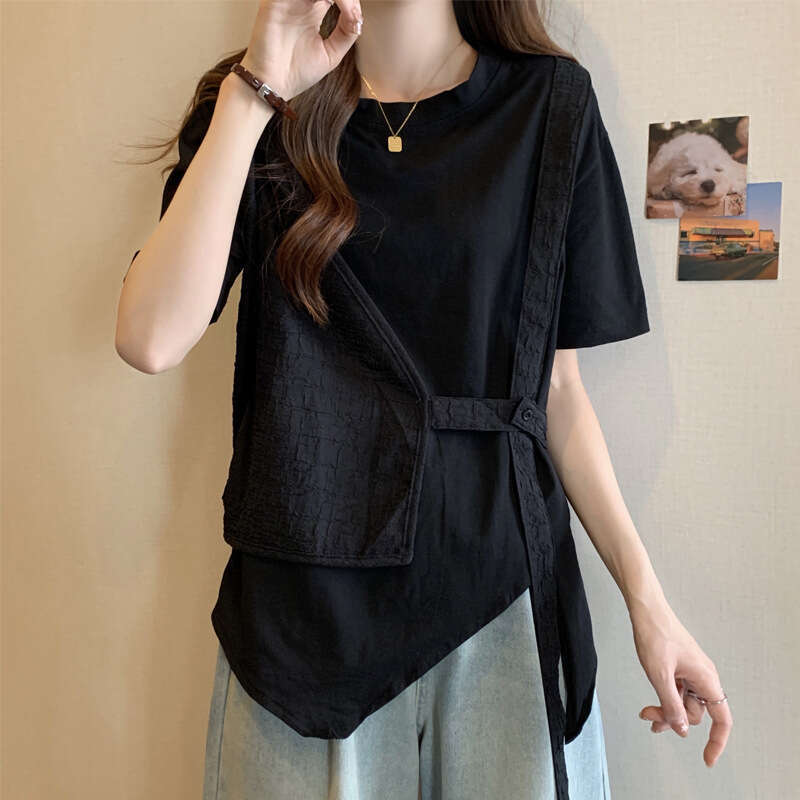 Summer New Women's Short Sleeve T-Shirt, Slimming Loose Fit, Irregular Fake Two-Piece Top For Plus Size Women B5