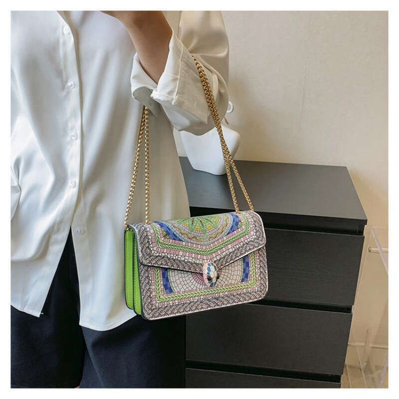 2025 New Color Block Print High-Quality Single Shoulder Korean Style Flap Trendy Chain Crossbody Bag Snake Head