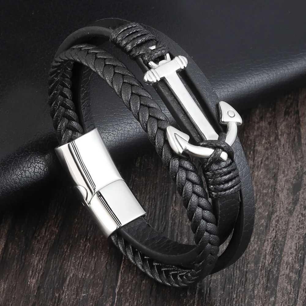 Punk Stainless Steel Anchor Bracelets Genuine Leather Bracelet Bangles for Men Black Color Fashion Jewelry Gift W250709
