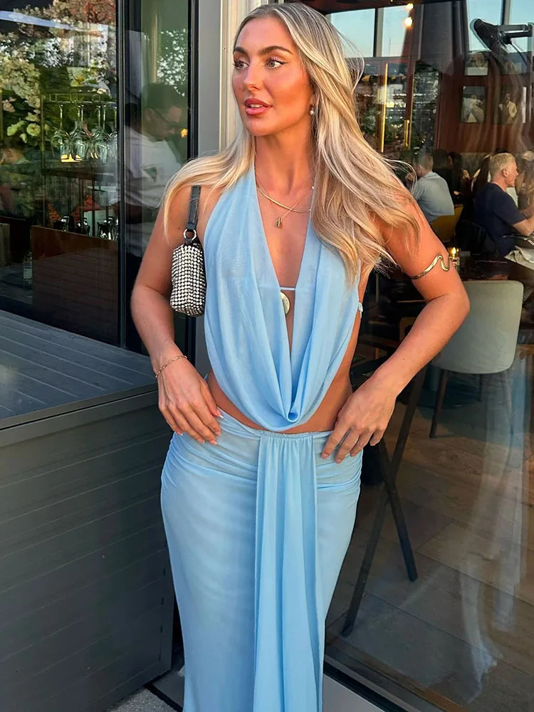 2 Piece Set Fashion Solid Halter Swinging Neck Tanks Pleated Maxi Skirts for Women High Street Mesh Cute Female Vacation Outfits 250709