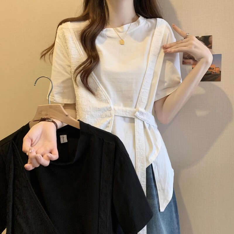 Summer New Women's Short Sleeve T-Shirt, Slimming Loose Fit, Irregular Fake Two-Piece Top For Plus Size Women B5