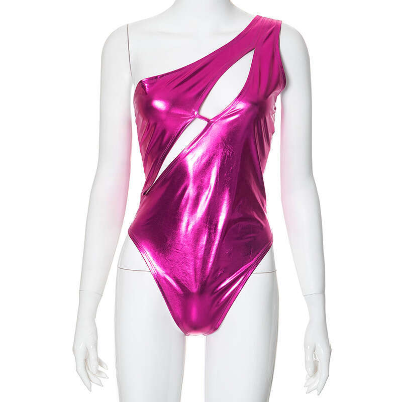 D24bs012 Wind New Women's Sexy One-Shoulder Metallic Color Patchwork Jumpsuit B5