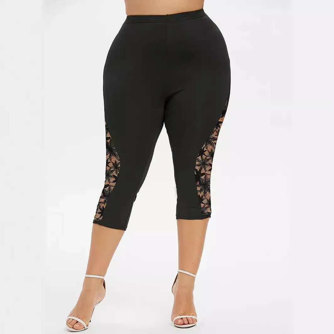 Plus Size Europe Womens Spring Summer Slimming Trousers Lace Splicing Elastic Pants Clothing y250805
