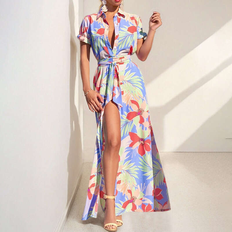 Spring New Elegant Casual Fashion Printed Turn-Down Collar Tie-Slit Dress For Women B5
