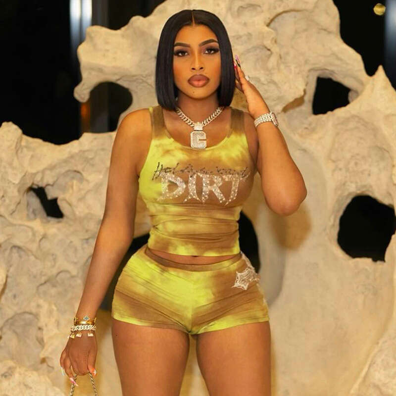 Sexy Hot Girl Mesh Butterfly Print Ruched Camisole Waist Slimming Tank Top Shorts Set B5