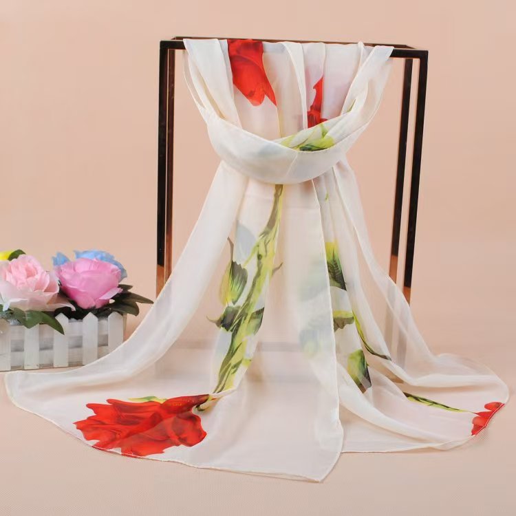 K1292 Spring and summer new chiffon silk scarf wholesale fresh rose women's small gauze scarf printed scarf Yiwu factory direct sales