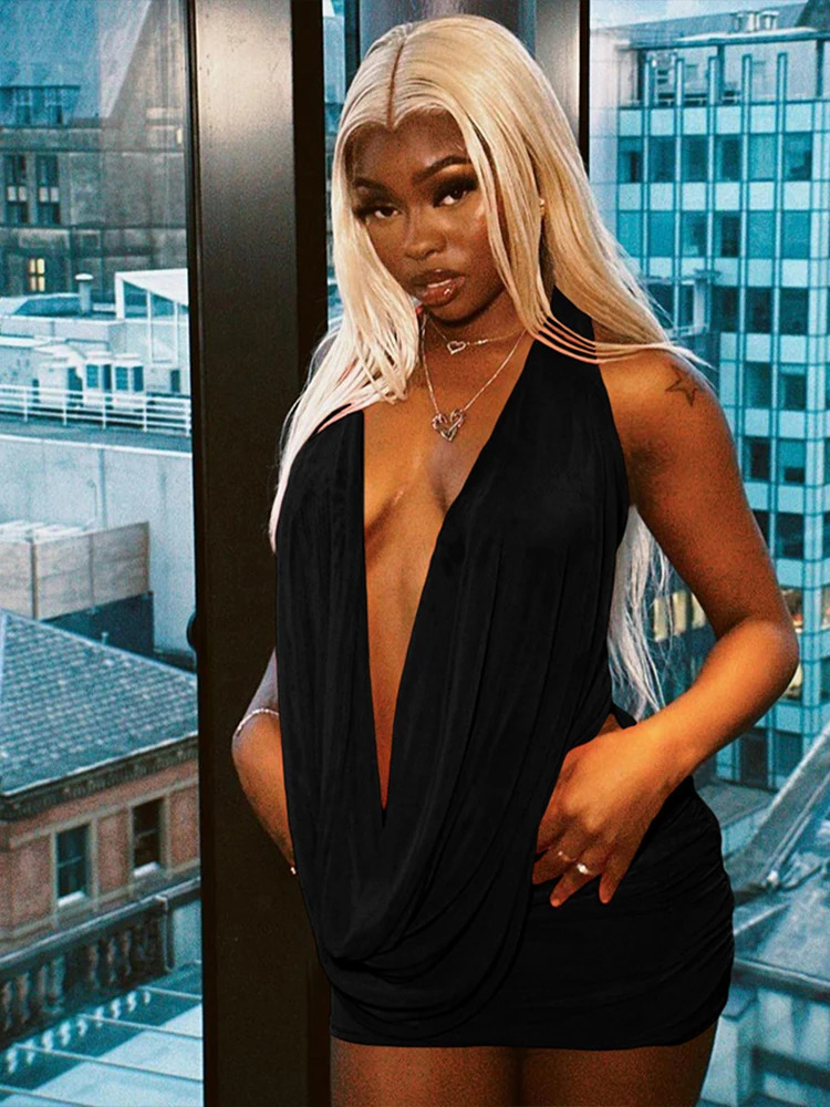 Kliou Mesh Swinging Pleated Women 2 Piece Set Summer Solid Simple Halter Backless Chic TopsShirring Mini Skirts Coordinate Suit 250709