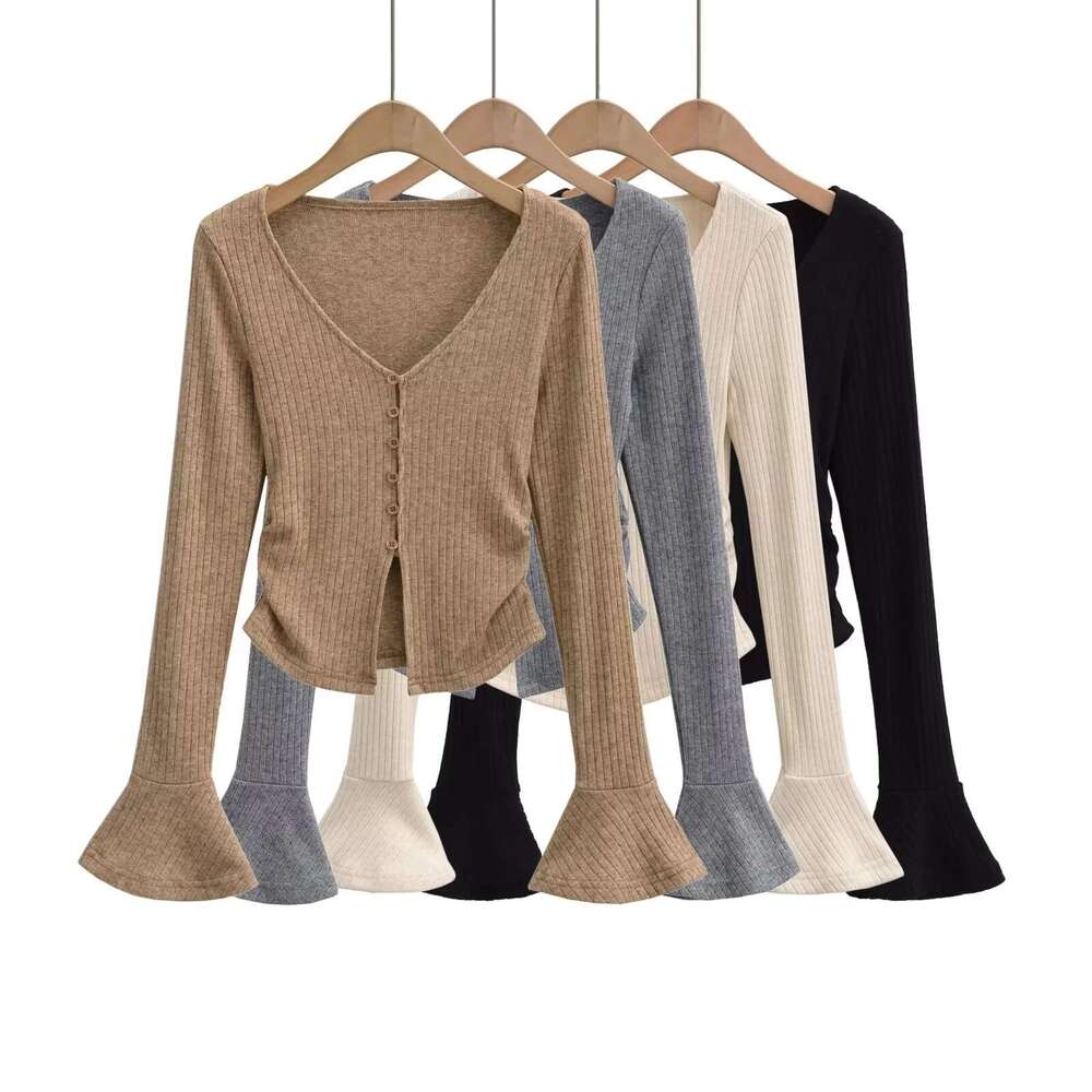 Spicy Girl V-Neck Single-Breasted Sleeve Cardigan Top + High-Waisted Slim Fit Flared Pants Knitted Set For Women B5