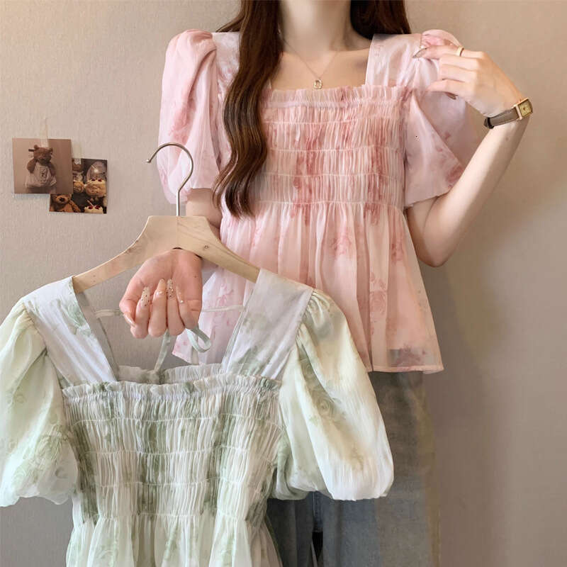 French Style Square Neck Floral Short Sleeve Shirt Women, Summer Plus Size, Slimming, Ruched, Elegant Chiffon Blouse For Women B5