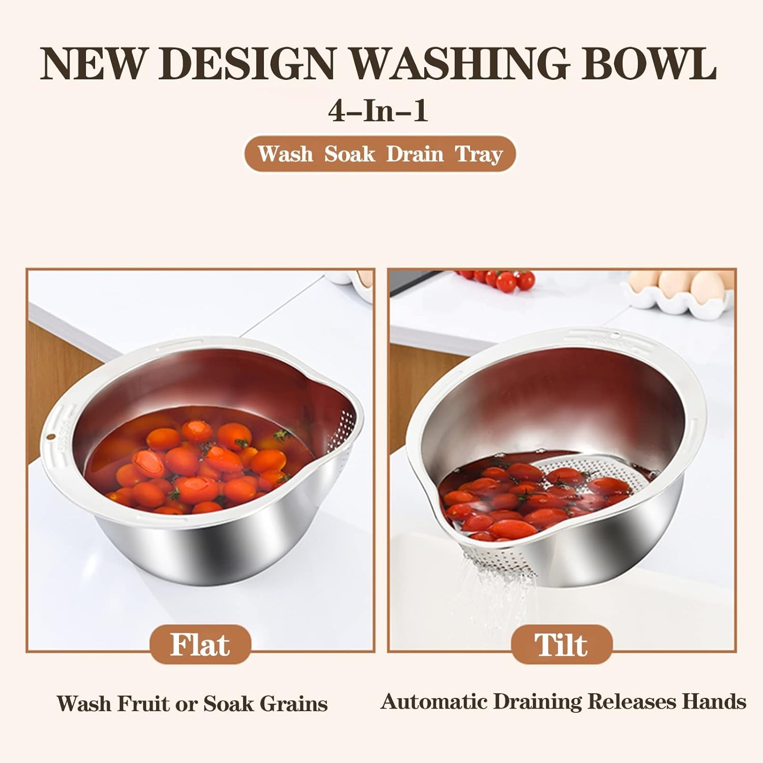 4-in 1 Stainless Steel Rice Washer Strainer Bowl Multi-Purpose Colander for Quinoa, Beans, Fruits Vegetables Side Drain Holes for Effortless Rinsing