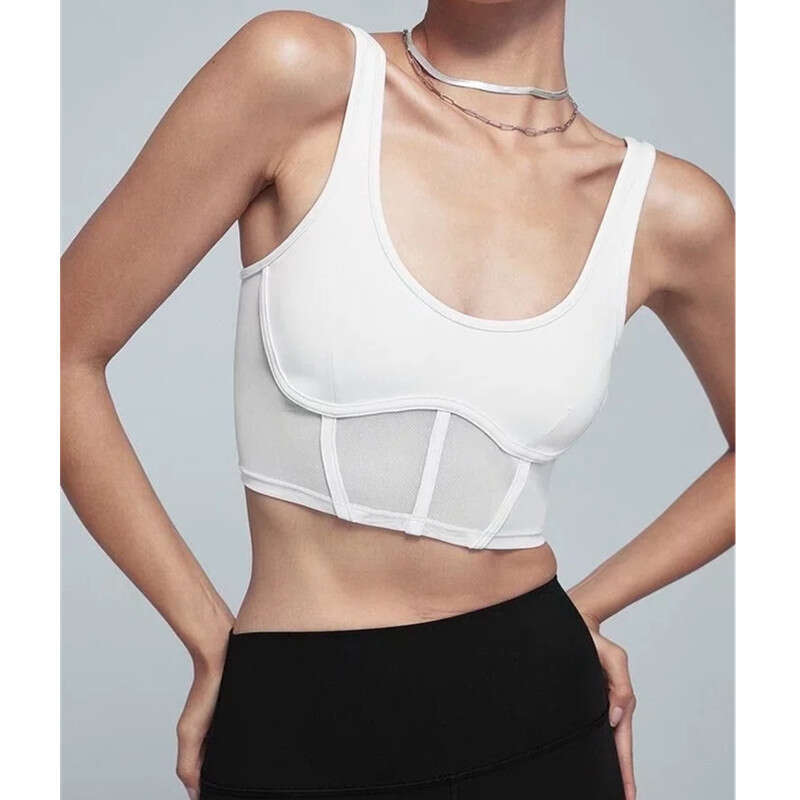 Spring Summer U-Neck Fishbone Label Mesh Patchwork For Women Stretch Slim Fit Backless Base Tank Top B5