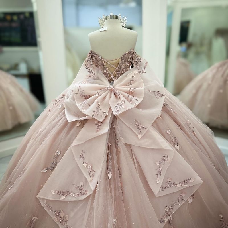 Pink Shiny Quinceanera Dresses Ball Gown Off Shoulder Appliques Lace Bow Beading Tull Birthday Payty Sweet 16 Dress Vestidos 15 De Anos