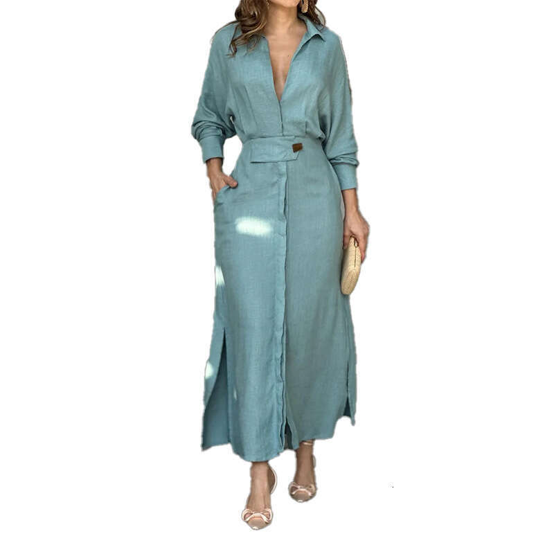 New Women's Fashion Elegant V-Neck Solid Color Button Waist-Cinching Long Sleeve Irregular Shirt Dress B5
