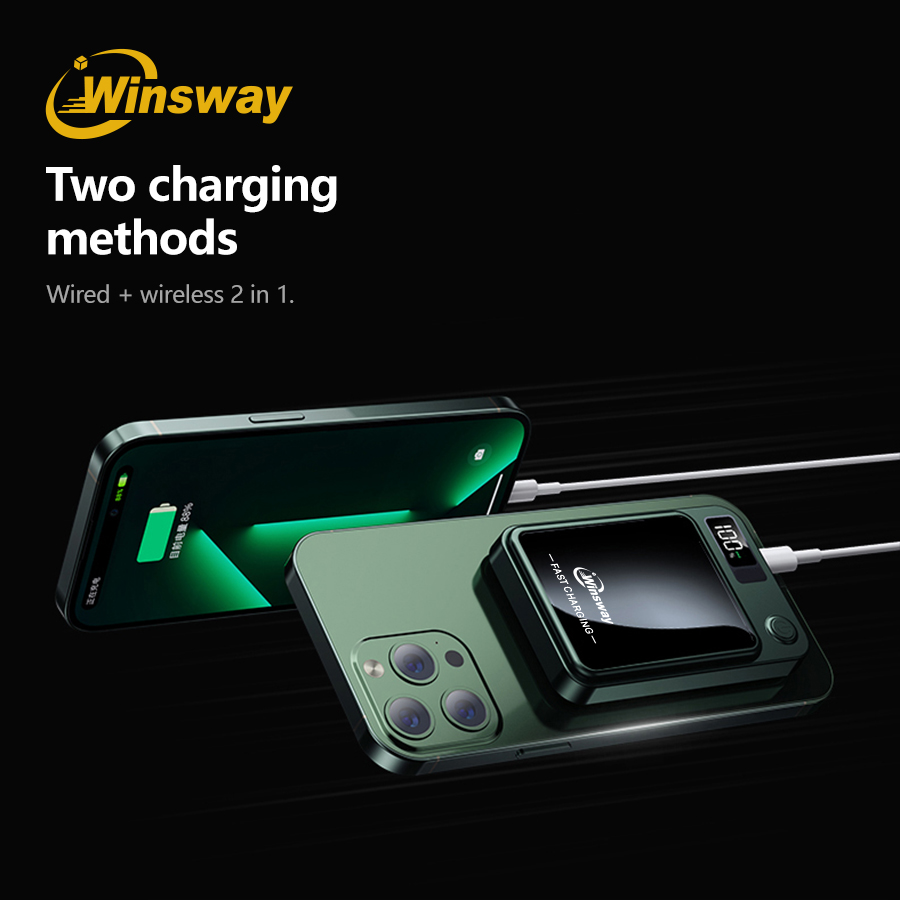 Winsway 5000mAh Magnetic Power Bank LED Power Display Wireless Fast Charger Simultaneously Charge 2 Devices for iPhone Portable Auxiliary Battery Pack