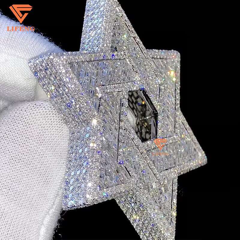 VVS Baguette Round Cut Moissanite Hip Hop Star of David Pendant Full Iced Out 18K Solid Gold Rappers Charm Pendant for Unisex