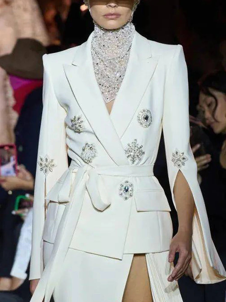 HIGH STREET est Fashion ner Jacket Womens Slit Sleeve Rhinestone Diamonds Beading Belted Blazer 250709