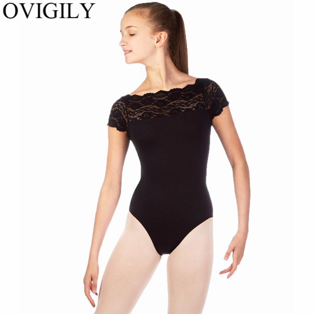 OVIGILY Childrens Lace Short Sleeve Ballet Dance Leotards for Kids Nylon Black Gymnastics Leotard for Girls Competition Top Wear