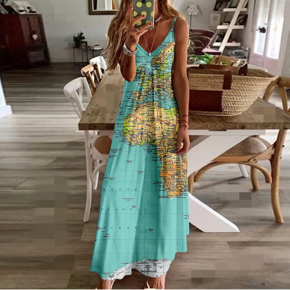 New Summer Map High Waist Slimming Dress Personality Series Strap Bodycon Dress 250121