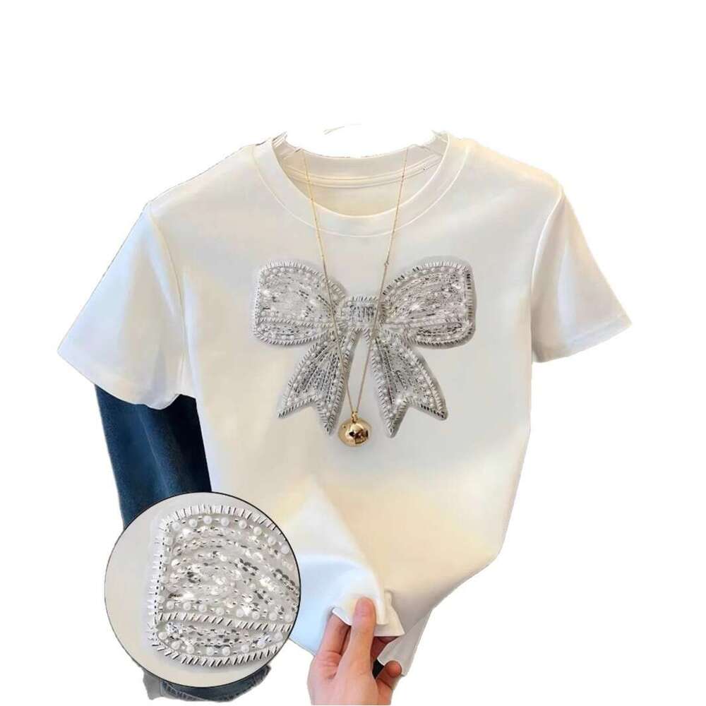 Round Neck Short Sleeve Sequin Butterfly Embroidery Design Summer New T-Shirt For Women B5