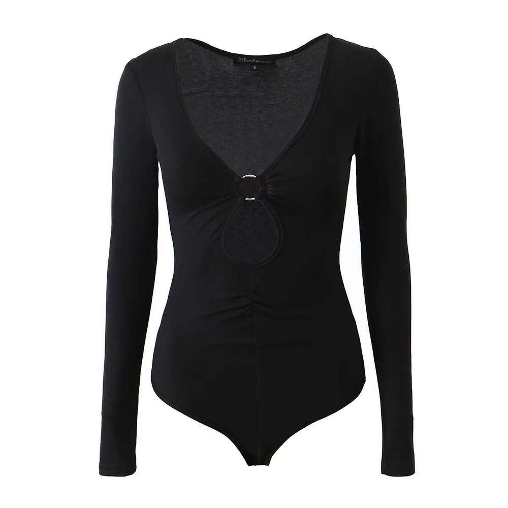 Ins Hot Girl Sexy Low-Cut Tight Hollow Out Jumpsuit Women Solid Color Slim Fit Long Sleeve Base Shirt T-Shirt B5