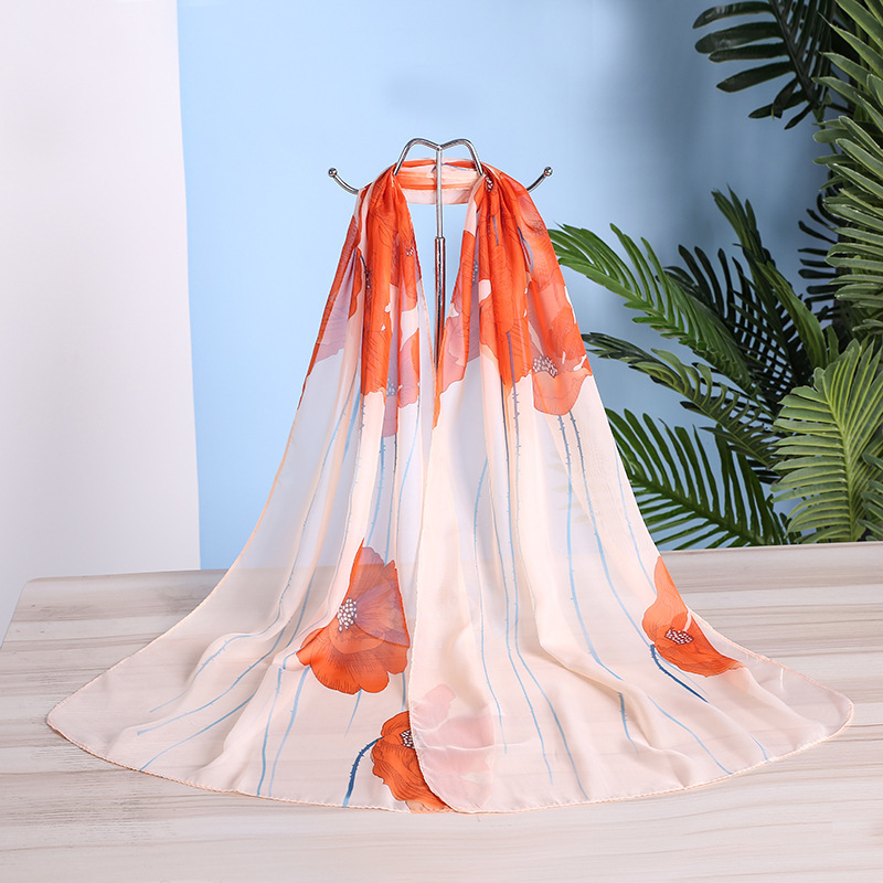 K1293 Autumn Korean style printed curled silk scarf fashionable chiffon scarf long silk scarf versatile ethnic style gauze scarf shawl