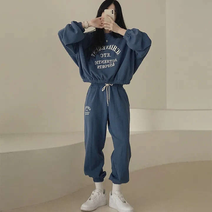 Women's Cotton Sleeve Long Pants Sweet Two-Piece Set New Spring Autumn Winter Fleece Korean Style Casual Sports B5