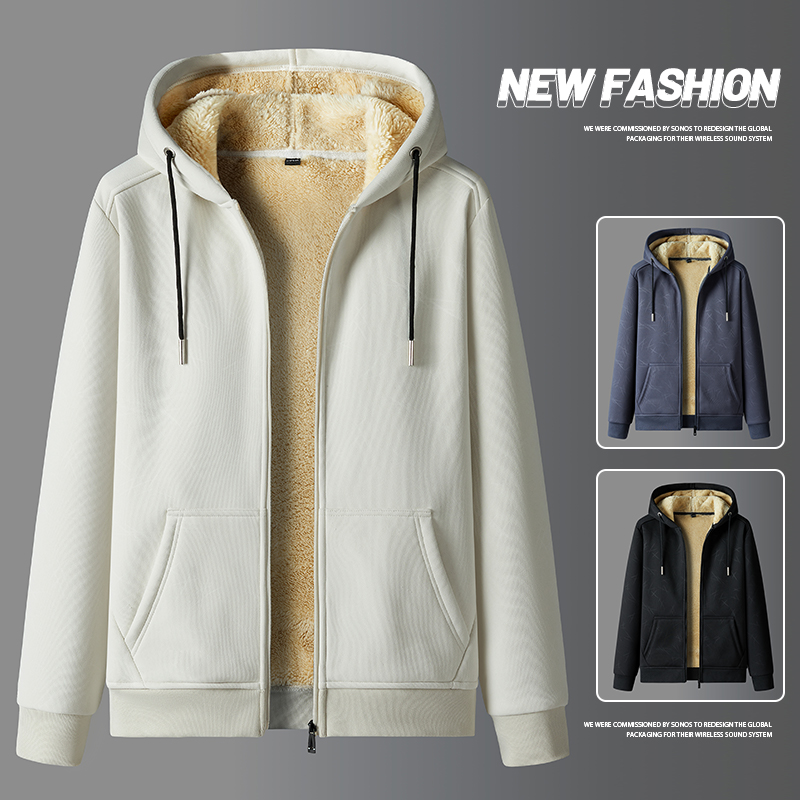 Cross border lambskin men's hoodie with thickened fleece for autumn and winter, hooded sportswear, casual cardigan, and warm jacket