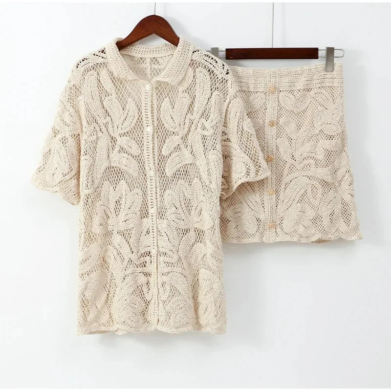 100% Cotton Women Hollow Out Knitted Skirt 2 Pieces Set Loose V Neck Short Sleeve Single Breasted Tops Sets Summer Office Streetwear 250709