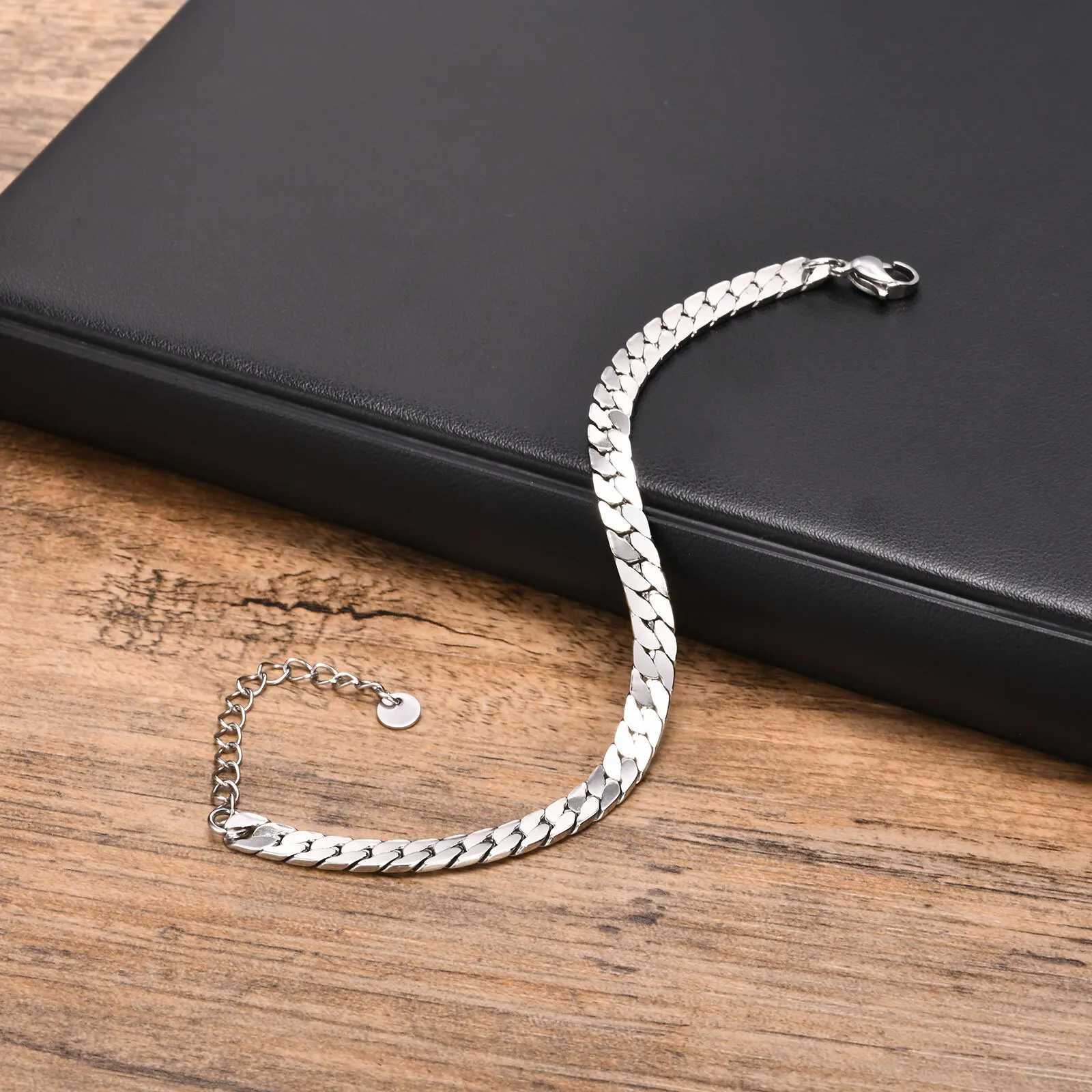 Flat Cuban Chain Bracelets for Men Boys Adjustable Stainless Steel Links Wristband Classic Male Accessories Jewelry Gifts W250728