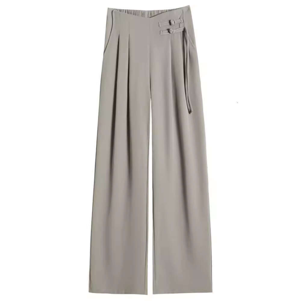 Plus Size New Chinese Style Suit Women, Summer Thin Chiffon Wide-Leg Pants, High Waist, Draped Casual Straight Pants For Petite Women B5