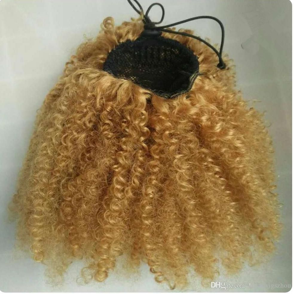 Blond Kinky curly Ponytail Human Hair Real Natural Hair Extensions Remy Hair Horsetail Clip On braids Ponytail Extensions hair piece Blonde hairpiece 
